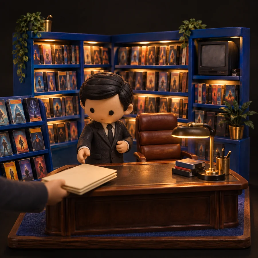 A miniature executive inside a video rental store
