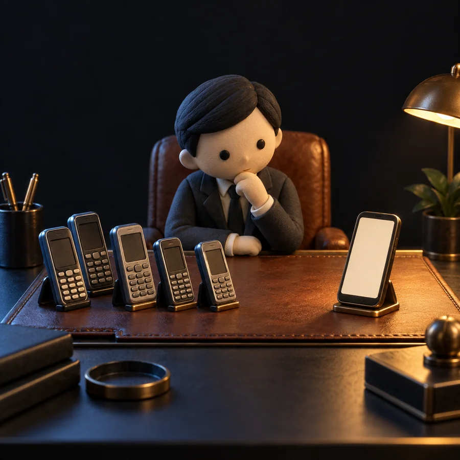 A miniature executive considering keypad and touchscreen phones