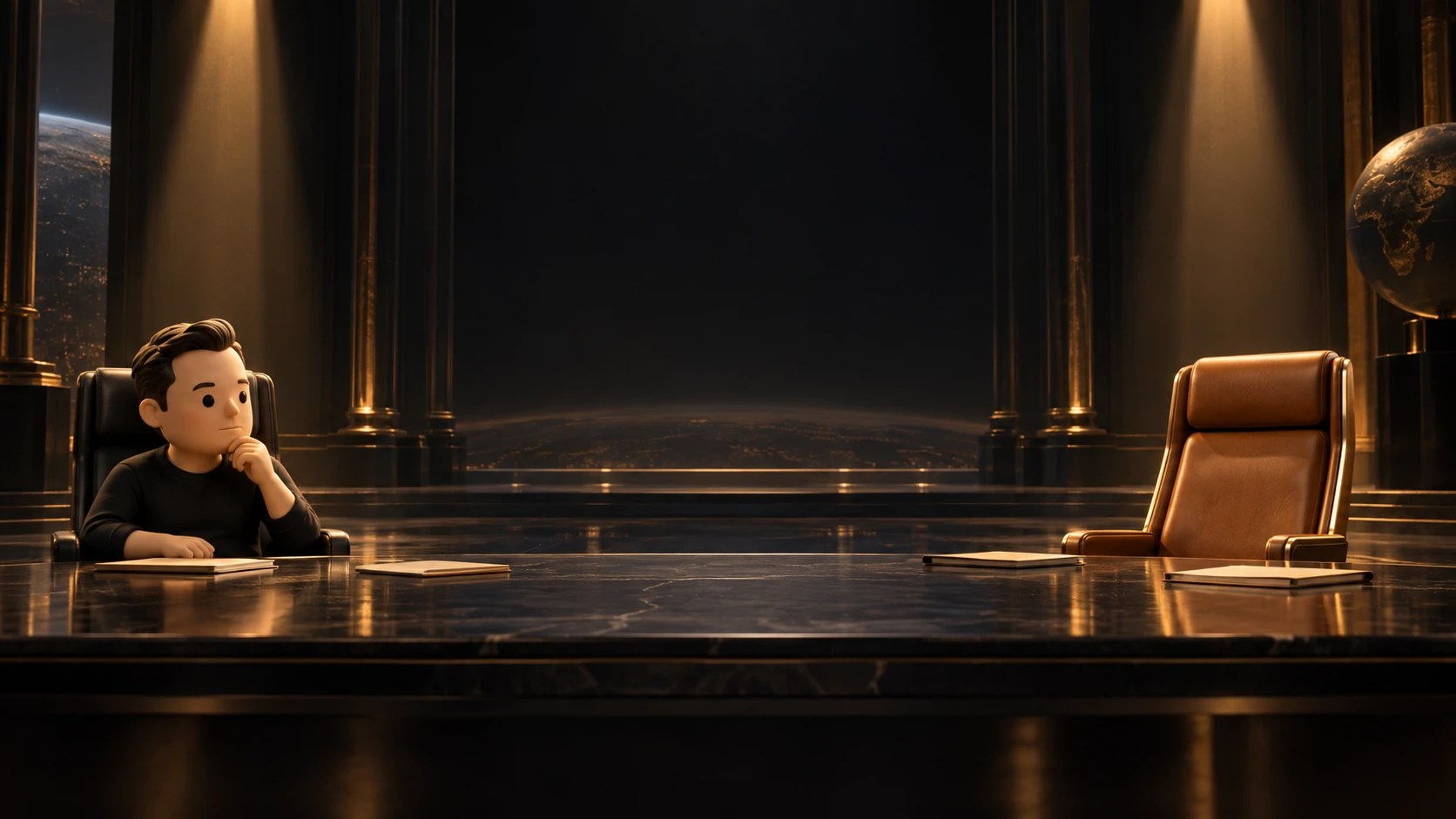 A miniature Elon Musk sits across from an empty CEO chair in a grand boardroom