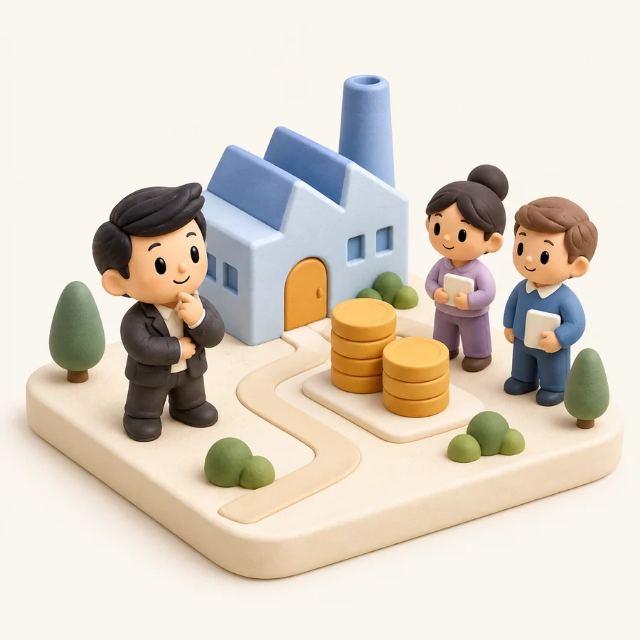 A miniature factory, people and resources form a small business world